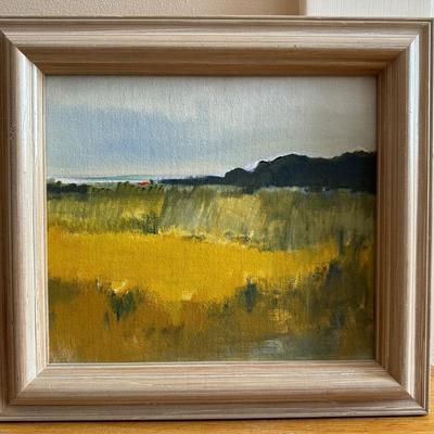 Anita Simpson, field in ochre, landscape, framed oil on canvas, signed, 1992