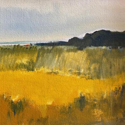 Anita Simpson, field in ochre, landscape, framed oil on canvas, signed, 1992