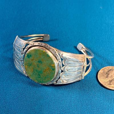 PAWN STERLING CUFF BRACELET WITH LARGE TURQUOISE STONE, SOUTHWEST STYLE