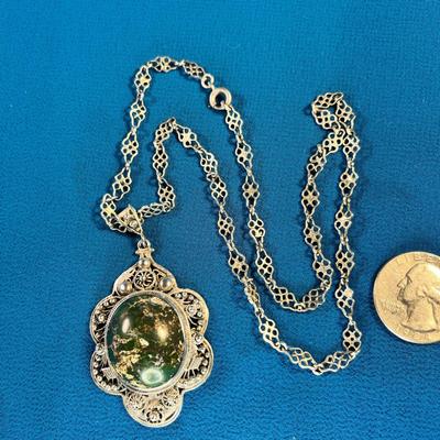 EXCEPTIONAL SILVER AND TURQUOISE PENDANT NECKLACE FANCY FILIGREE SURROUND AND CHAIN