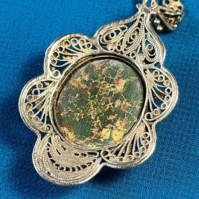 EXCEPTIONAL SILVER AND TURQUOISE PENDANT NECKLACE FANCY FILIGREE SURROUND AND CHAIN
