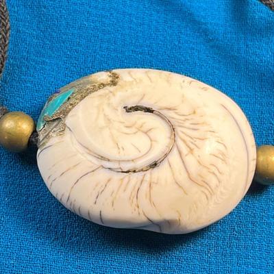 ANCIENT SEA SHELL FOSSIL NECKLACE WITH EMBEDDED COLORFUL STONES