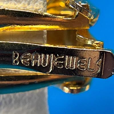 LOVELY PALE GREEN GLASS BEAD, RHINESTONE EARRINGS BY BEAUJEWELS