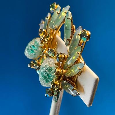 LOVELY PALE GREEN GLASS BEAD, RHINESTONE EARRINGS BY BEAUJEWELS