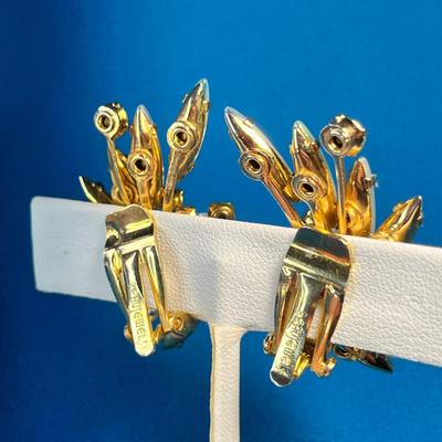 LOVELY PALE GREEN GLASS BEAD, RHINESTONE EARRINGS BY BEAUJEWELS