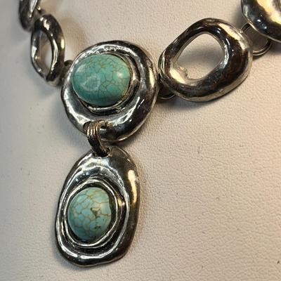 MODERN STYLE SILVERTONE, TURQUOISE INSETS NECKLACE