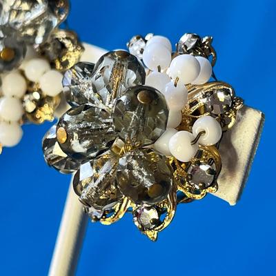 VINTAGE SMOKY GLASS FACETED BEADS, WHITE BEADS & CLEAR RHINESTONE CLUSTER EARRINGS