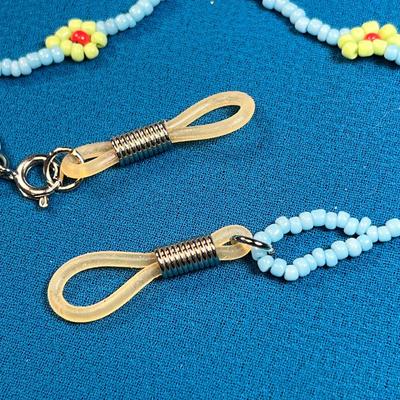 BEADED EYEGLASS HOLDER/CHUMS, BLUE BEADS WITH FLOWERS