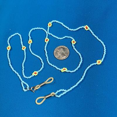 BEADED EYEGLASS HOLDER/CHUMS, BLUE BEADS WITH FLOWERS