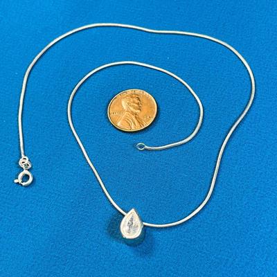 .925 STERLING NECKLACE WITH CORD-LIKE CHAIN AND TEARDROP DIAMOND-LIKE PENDANT