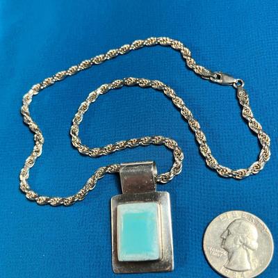 MODERNISTIC SILVER PENDANT NECKLACE WITH PALE TURQOISE INSET STONE, TWISTY CHAIN