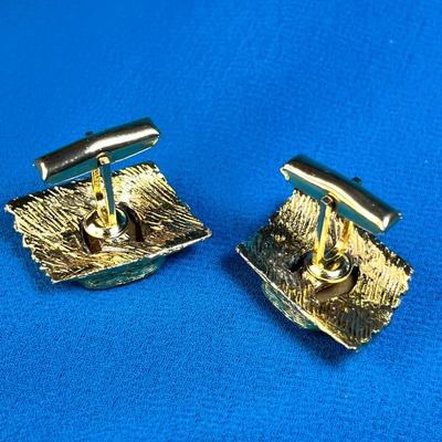 GOLDTONE METAL AND INCISED RED STONE CUFFLINKS MASONIC SYMBOL