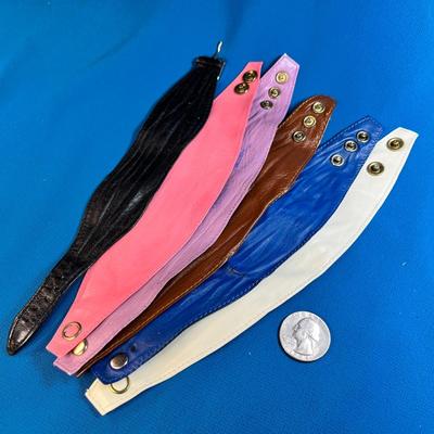 GROUP OF 6 WIDE LEATHER WRIST BANDS- ASSORTED COLORS, WIDTHS