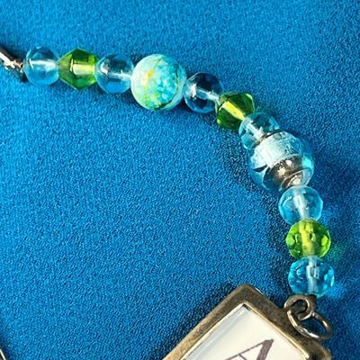 DANGLY BLUE, GREEN GLASS BEAD AND .925 FRAMED LETTER "A" CHARM SILVERTONE FANCY BOOKMARK