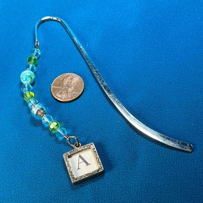 DANGLY BLUE, GREEN GLASS BEAD AND .925 FRAMED LETTER "A" CHARM SILVERTONE FANCY BOOKMARK