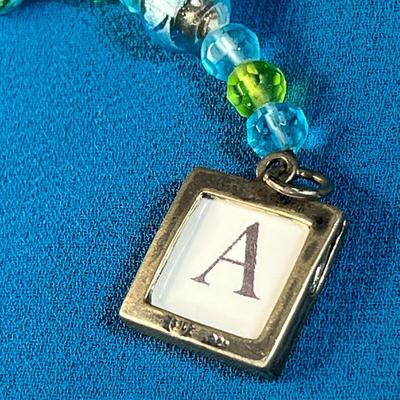 DANGLY BLUE, GREEN GLASS BEAD AND .925 FRAMED LETTER "A" CHARM SILVERTONE FANCY BOOKMARK