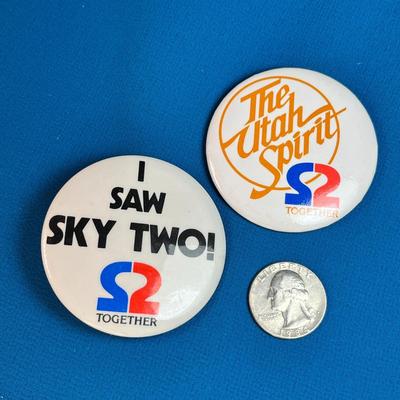 PAIR OF "2 TOGETHER" TV STATION PINBACKS- I SAW SKY TWO!, THE UTAH SPIRIT