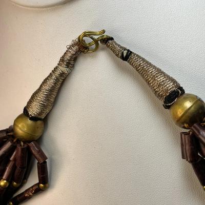 THICK MULTI-STRAND WOOD AND METAL BEAD NECKLACE 