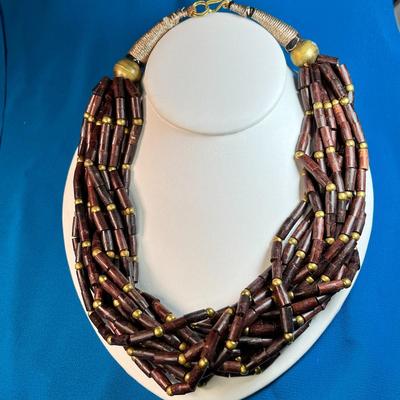 THICK MULTI-STRAND WOOD AND METAL BEAD NECKLACE 