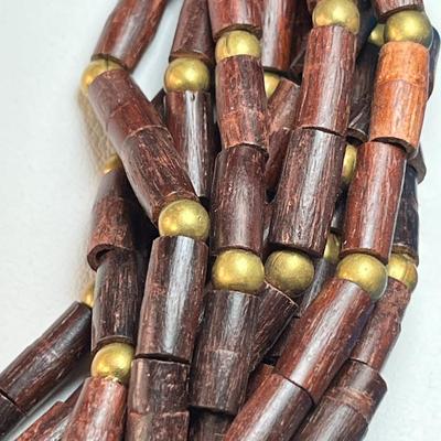THICK MULTI-STRAND WOOD AND METAL BEAD NECKLACE 