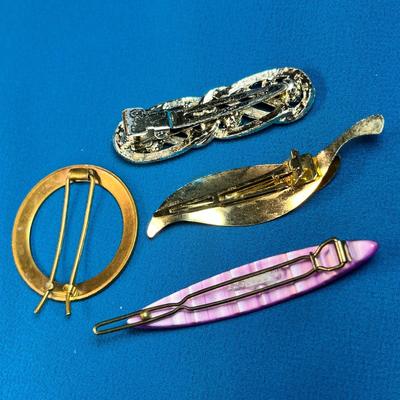 GROUP OF 4 DIFFERENT PRETTY HAIR BARRETTES: ROUND, FAUX PEARL, LEAVES, PURPLE STRIATED