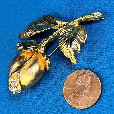 SHINY GOLDTONE FLOWER BUD PIN WITH RHINESTONE CENTER
