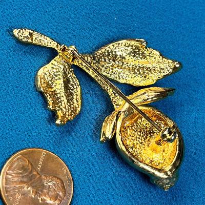 SHINY GOLDTONE FLOWER BUD PIN WITH RHINESTONE CENTER