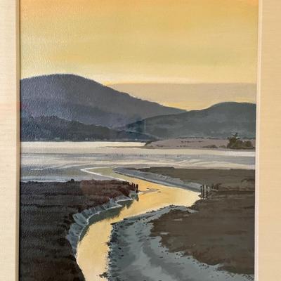 Borg, 1992, framed gouache painting, river landscape, 1992