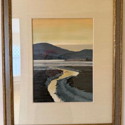 Borg, 1992, framed gouache painting, river landscape, 1992