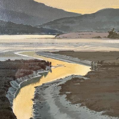 Borg, 1992, framed gouache painting, river landscape, 1992