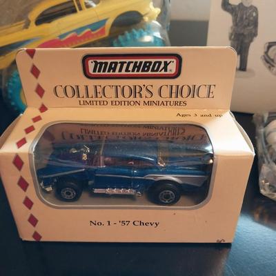 MATCHBOX '57 CHEVY, DEPT 56 CAR AND COP, TOOTSIE TOY MONSTER CAR