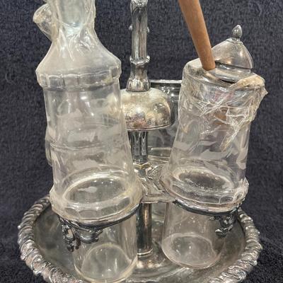 Antique Collectible Victorian Ornate Silver Plate Cruet/4 Piece Condiments Holder W/Glass Bottles, Marked Patent Re-Issued Dec27, 1850
