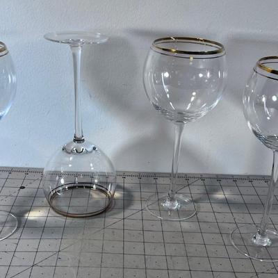 4 Gold Rimmed Crystal Wine Goblets 