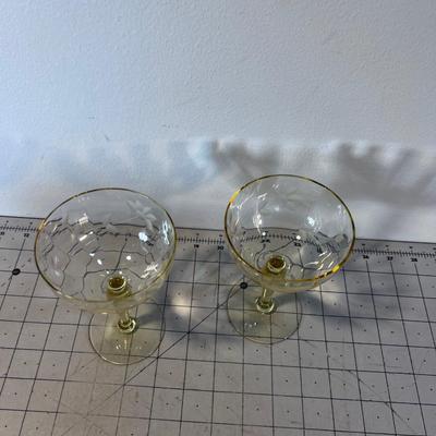 2 Amber Champaign or Martini Glasses Etched 