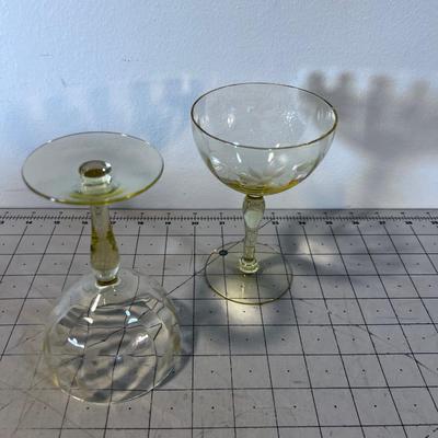 2 Amber Champaign or Martini Glasses Etched 