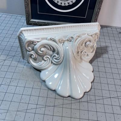 Framed Doily by Ethan Allen and Ceramic Wall Sconce 