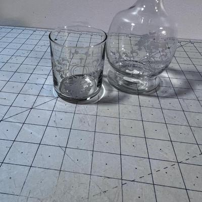 Etched Glass Wine Decanter and Cup 