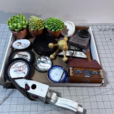 Decorative Items: Succulents, Flower Frog, Super Small Bird House