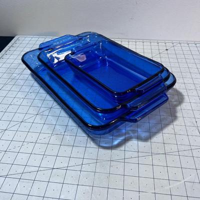 3 Anchor Hocking BLUE Baking set of Glass Dishes