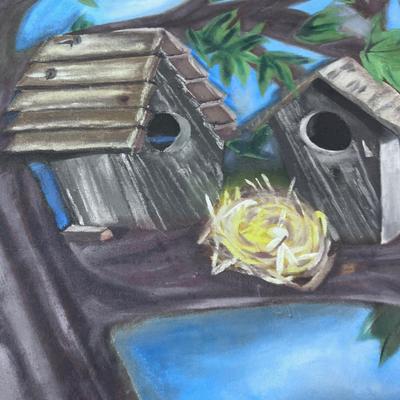 Original Bird House Painting and a Print of a Cottage