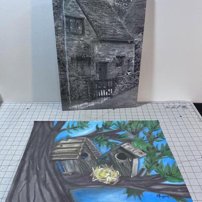 Original Bird House Painting and a Print of a Cottage
