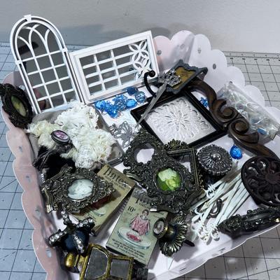 Tray of little Decorative Things; Frames and Hooks, Plus Pink Tray included