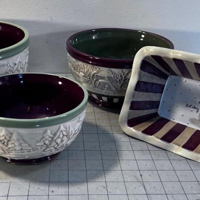 4 XMAS Dishes: Loaf & 3 Bowls 