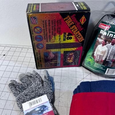 Emergency Items Raincoat, Gloves, Firestarter