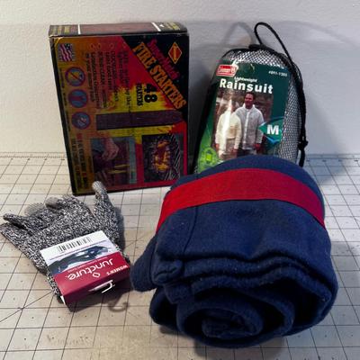 Emergency Items Raincoat, Gloves, Firestarter