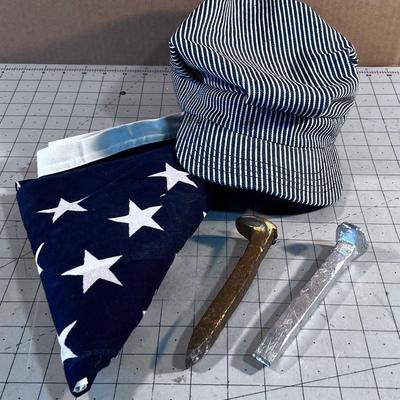 Cotton 50 Star Flag, Engineers Cap and RR Spikes