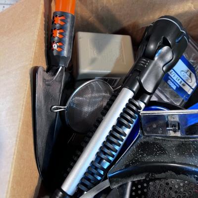 Mixed Box of Tools: Shovel, Flashlight, Magnifying Glasses