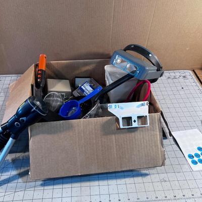 Mixed Box of Tools: Shovel, Flashlight, Magnifying Glasses