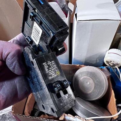 Mixed Box of Electrical Parts: Switches, Boxes, Brackets and Parts 