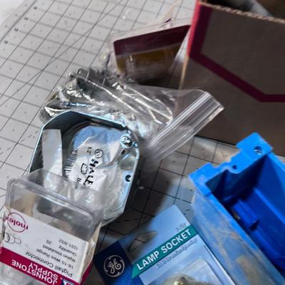 Mixed Box of Electrical Parts: Switches, Boxes, Brackets and Parts 